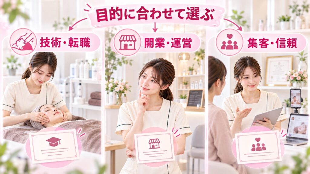 「技術・転職」「開業・サロン運営」「集客・信頼づくり」