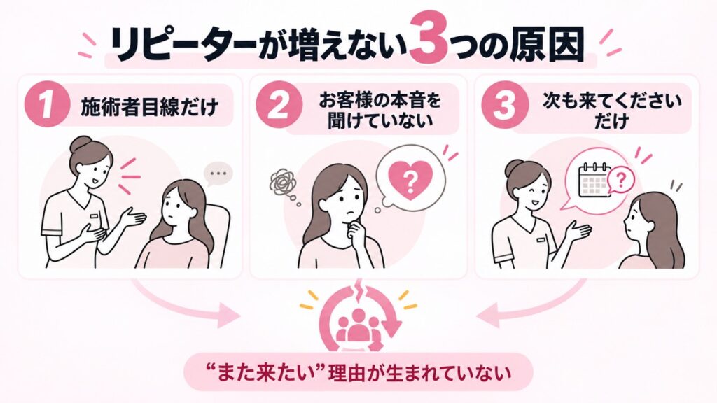 リピーターが増えないサロンに共通する3つの原因|心斎橋8年オーナーが解説